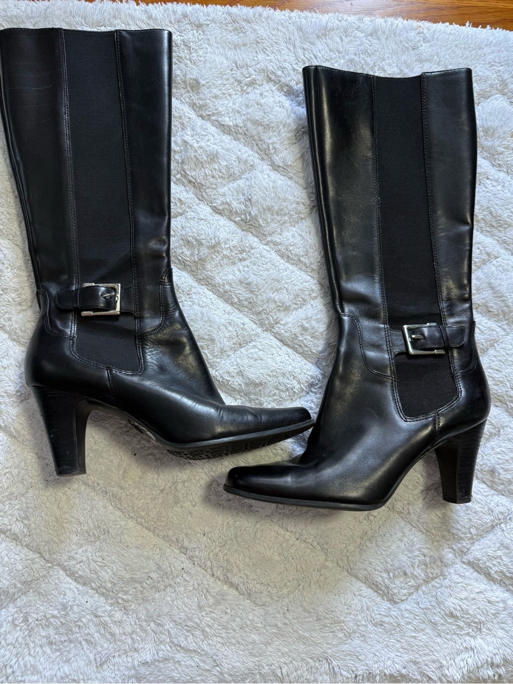 Anne Klein Black Leather Mid-Calf Heeled Boots with Buckle